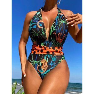 NEW Leopard & Tropical Print Plunging One Piece Swimsuit S